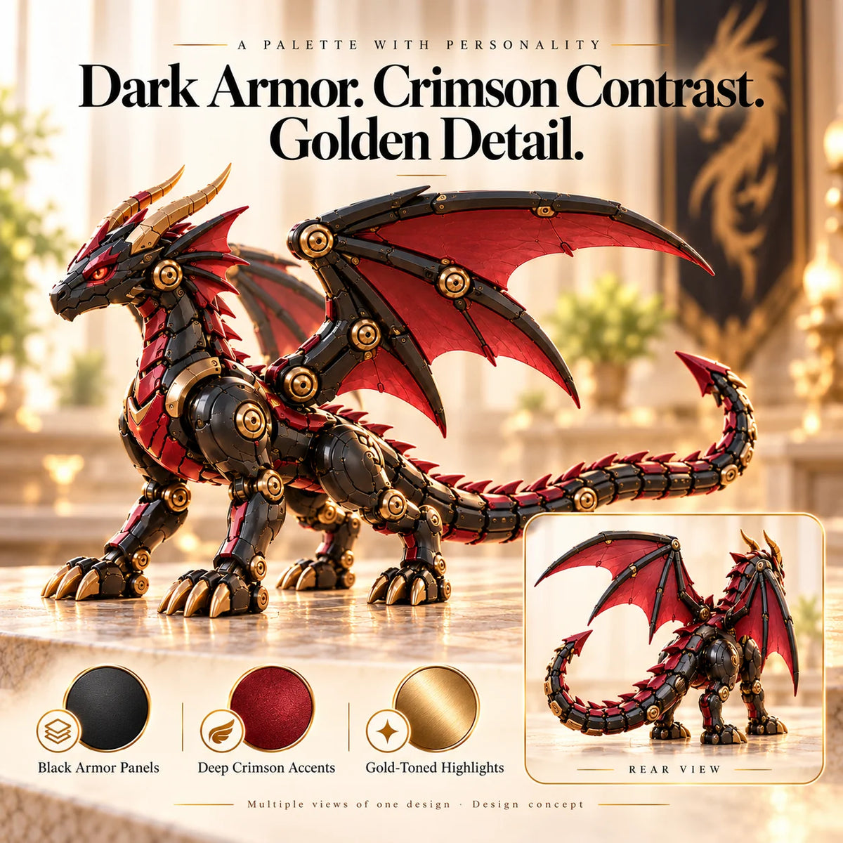 🔥LAST DAY 49% OFF -🐉 Mechanical Dragon Egg – Black & Crimson Dragon with Folding Wings & Armored Details⏳