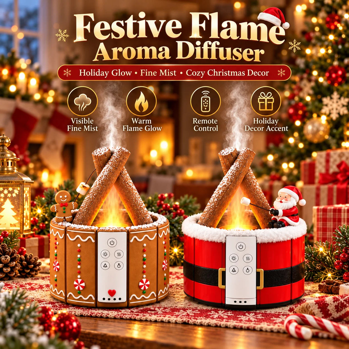 🎄 Christmas Campfire Aroma Diffuser – Cozy Flame-style Glow, Festive Mist & Adorable Santa/gingerbread Designs