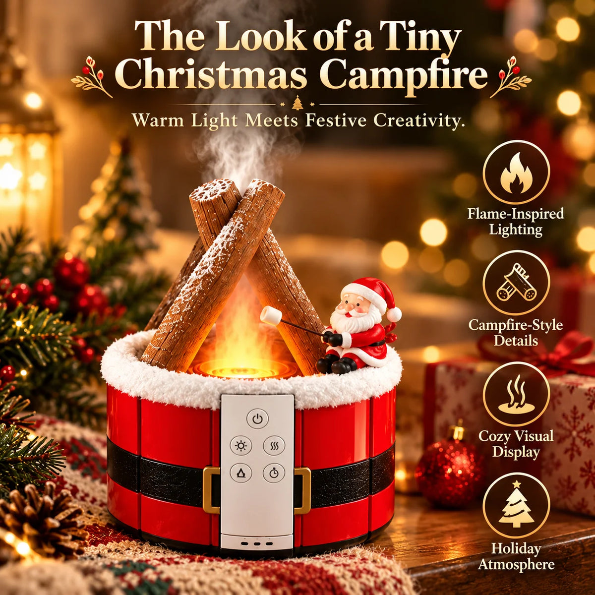 🎄 Christmas Campfire Aroma Diffuser – Cozy Flame-style Glow, Festive Mist & Adorable Santa/gingerbread Designs