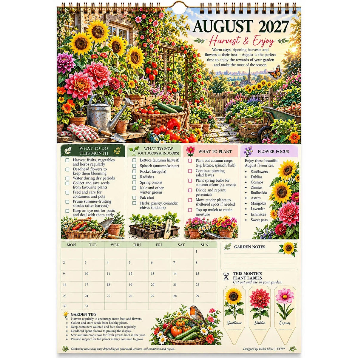 2027 Four Seasons Gardening Calendar & Monthly Planner – A4 Wall Calendar with Planting Guide, Garden Tasks & Plant Labels | DAILYARDPRO™
