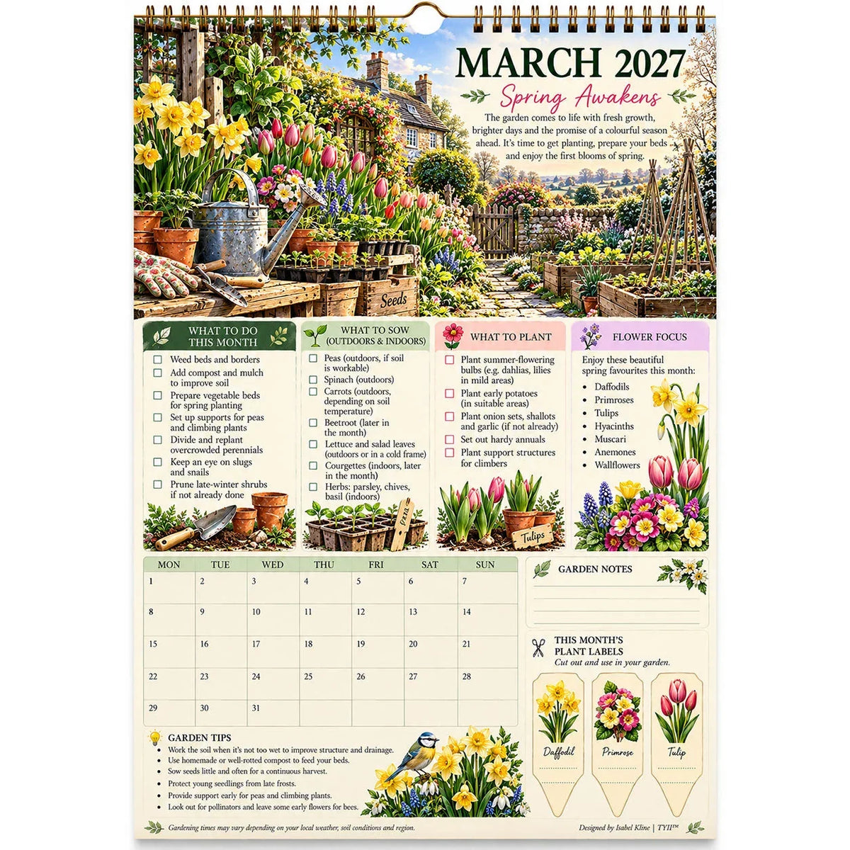 2027 Four Seasons Gardening Calendar & Monthly Planner – A4 Wall Calendar with Planting Guide, Garden Tasks & Plant Labels | DAILYARDPRO™