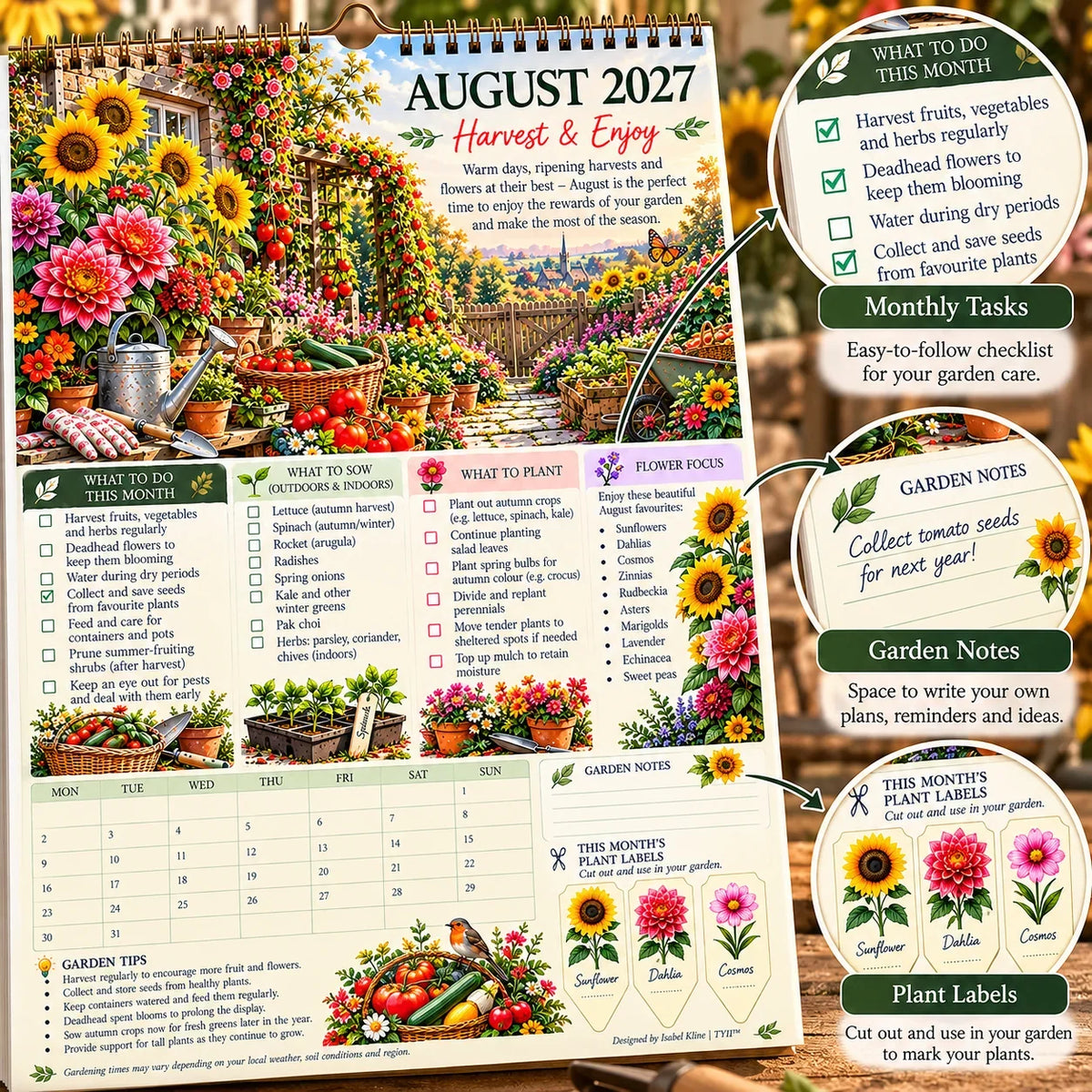 2027 Four Seasons Gardening Calendar & Monthly Planner – A4 Wall Calendar with Planting Guide, Garden Tasks & Plant Labels | DAILYARDPRO™