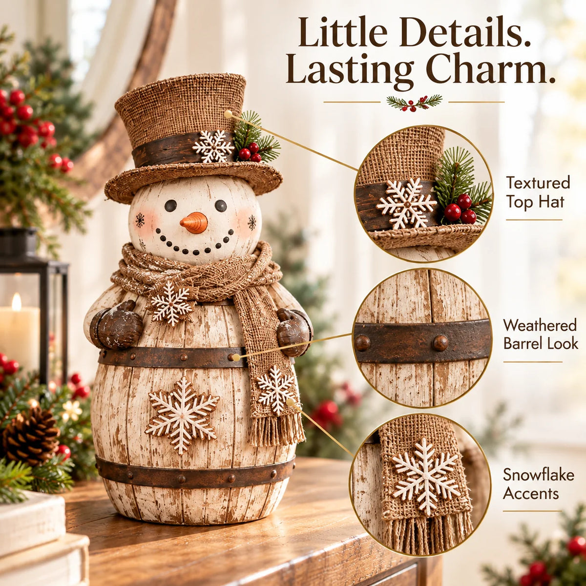 ☃️🎄 Frosted Barrel Snowman™ | Vintage Christmas Figurine