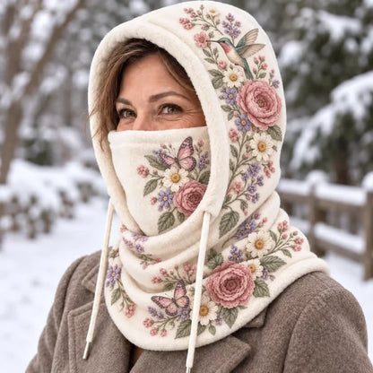 🌸 Women’s Floral 3-in-1 Winter Hood – Fleece-Lined Embroidered Hat, Face Cover & Neck Warmer