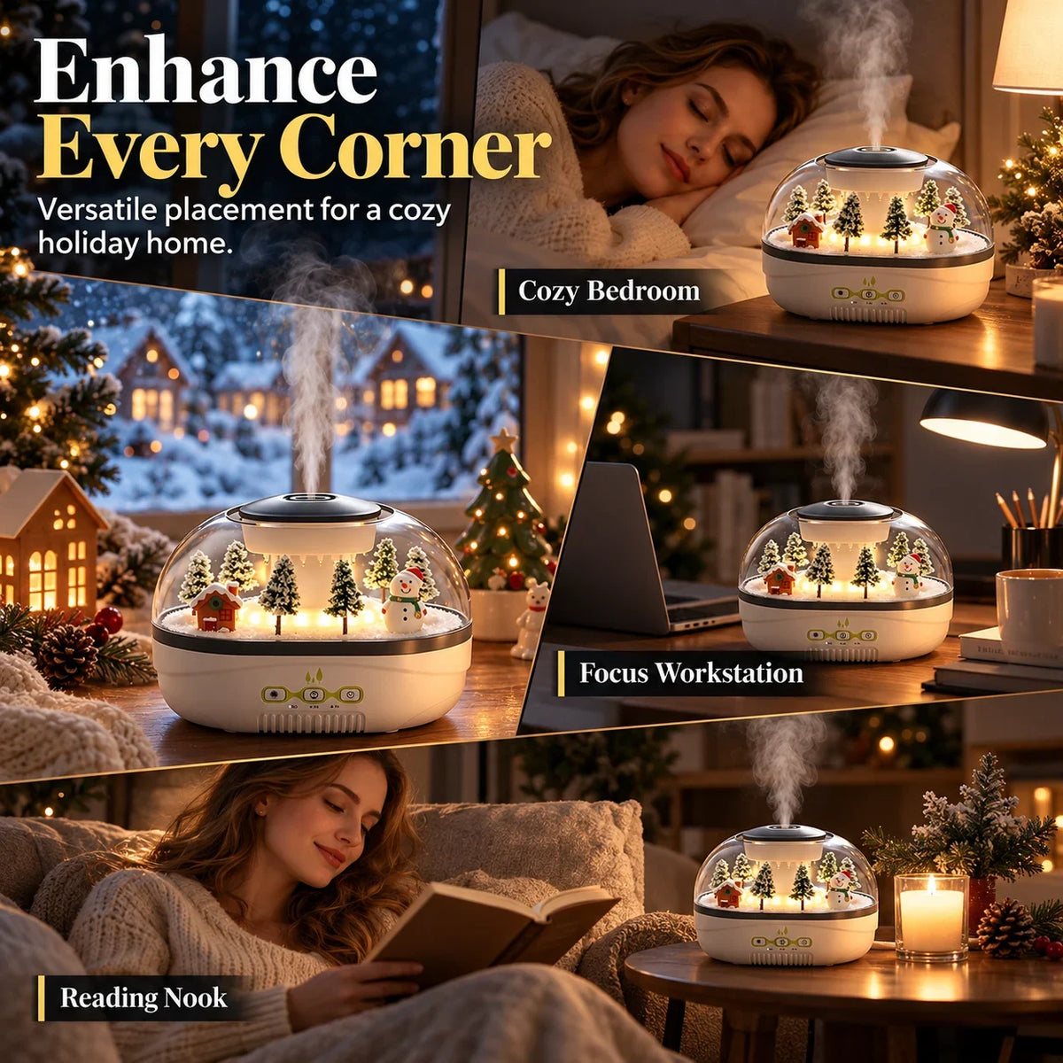 ❄💧 Winter-themed Christmas micro-landscape raindrop aroma diffuser, quiet ultrasonic humidifier with night light🎄