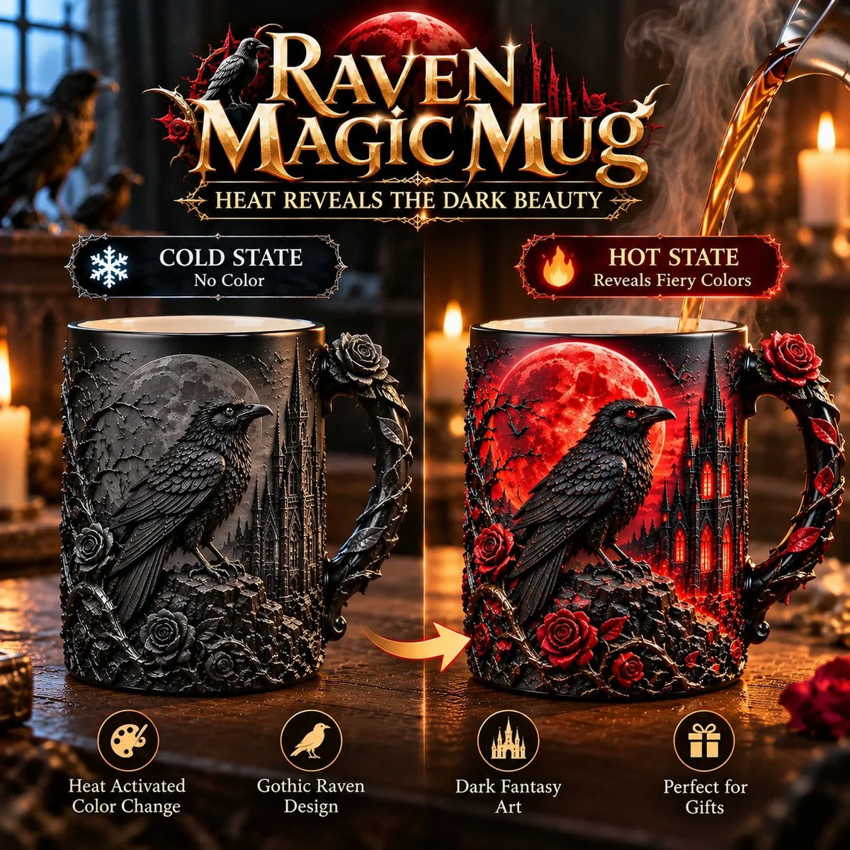 🐦‍⬛🌹 Raven Magic Color-Changing Mug | Gothic Raven & Blood Moon Coffee Cup