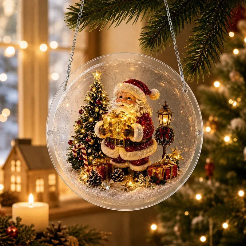🎅⛄Christmas acrylic puzzle ornament, Santa Claus snow scene transparent tile puzzle, Christmas holiday decoration