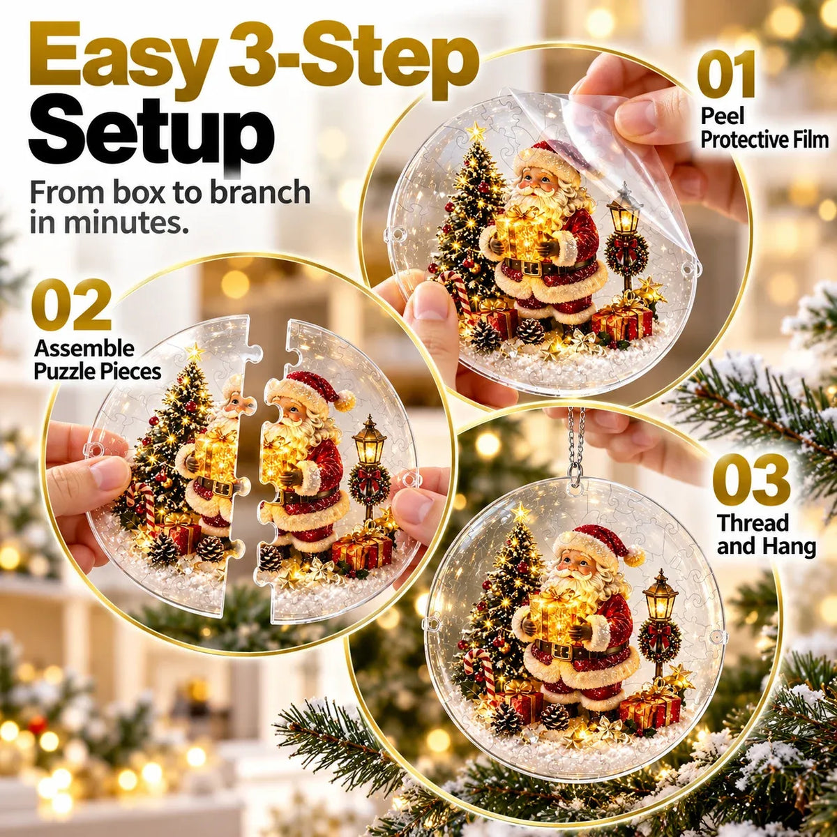 🎅⛄Christmas acrylic puzzle ornament, Santa Claus snow scene transparent tile puzzle, Christmas holiday decoration