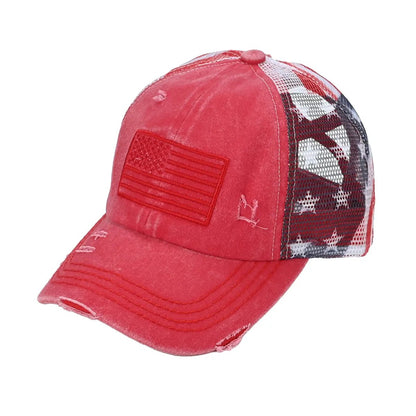 C.C Patriotic Criss-Cross Ponytail Baseball Cap | American Flag Mesh Back Ponytail Hat