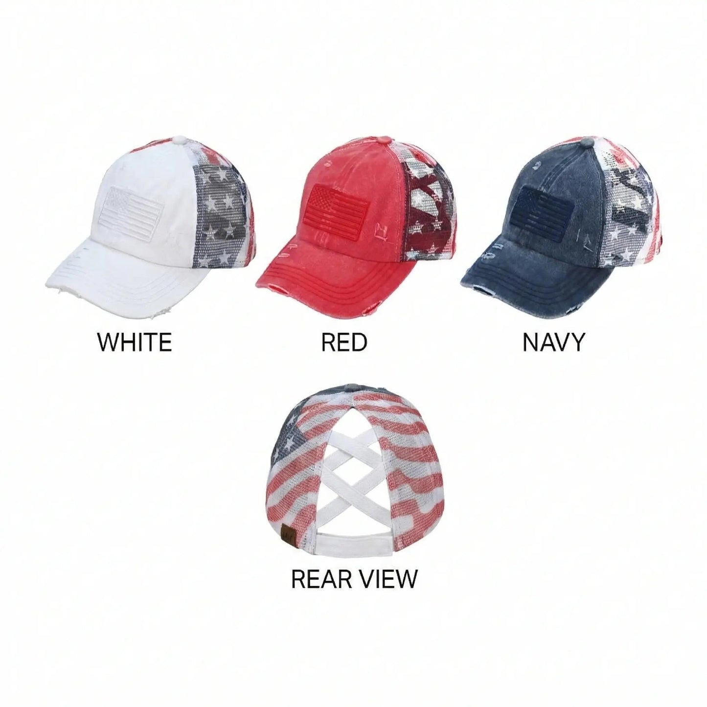 C.C Patriotic Criss-Cross Ponytail Baseball Cap | American Flag Mesh Back Ponytail Hat