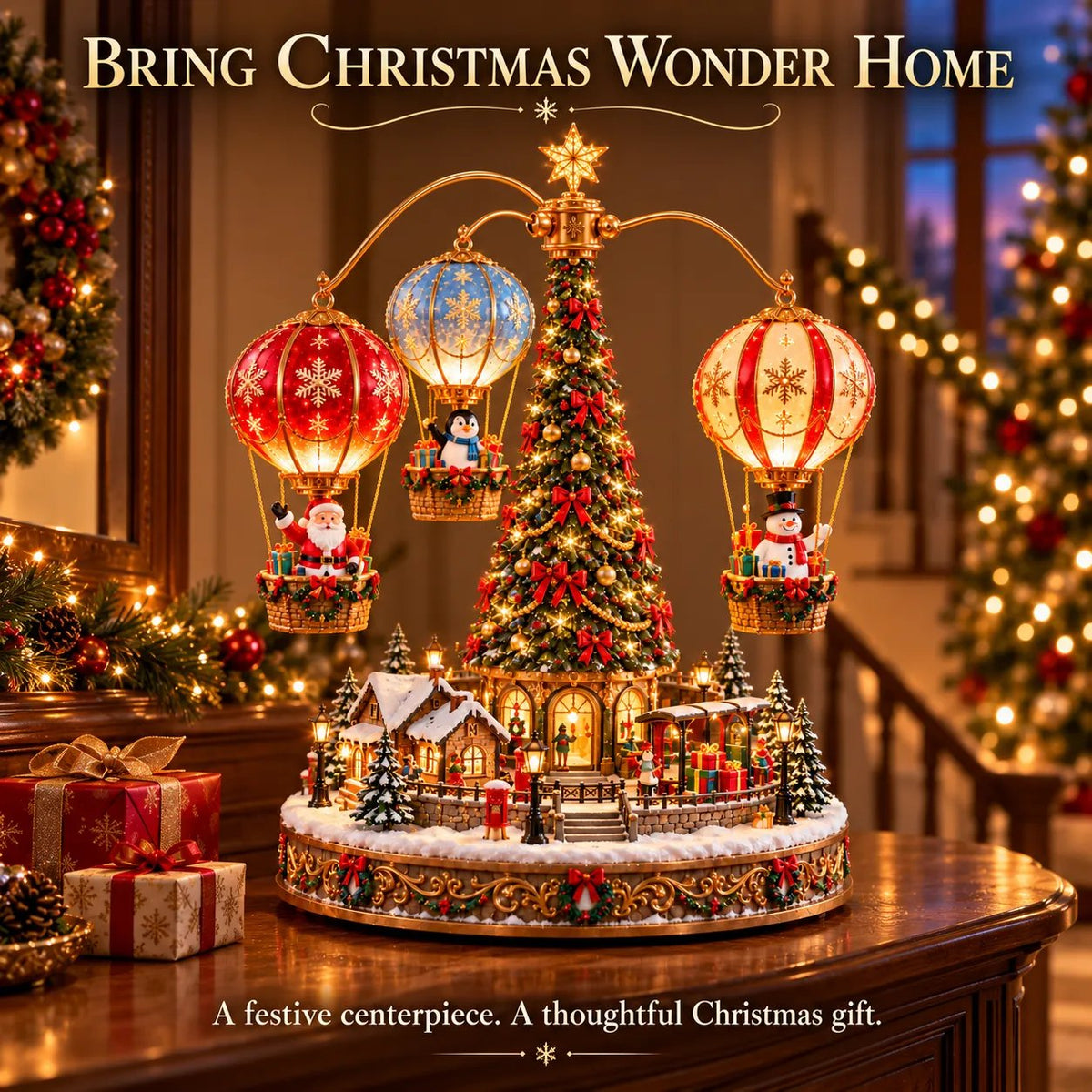 Santa’s Sky Journey — Animated Christmas Hot Air Balloon Village with Lights