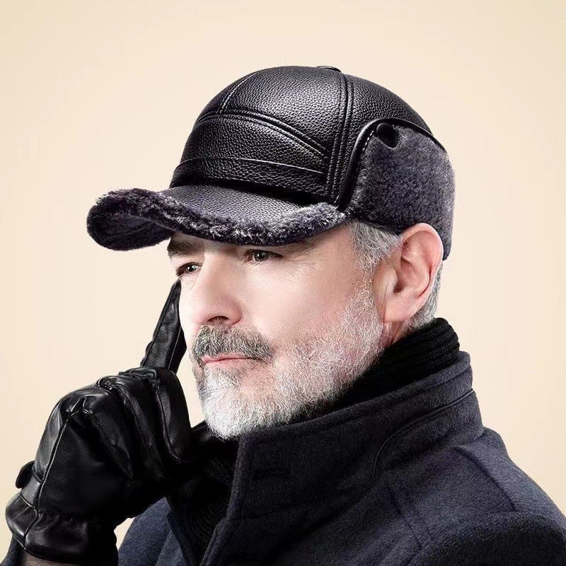 🧢🐂New Men's Winter Hat with Sheepskin Flat Top Earmuffs