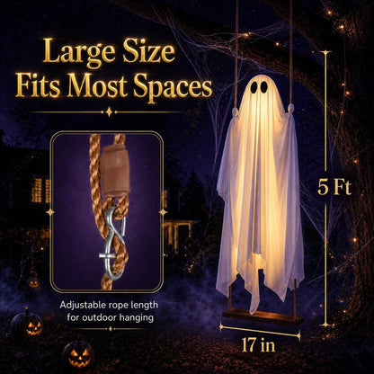 🎃5FT Halloween Decorations Outdoor - Large Hanging Ghost Swing with Remote Control String Lights & Upgraded Sheet, Scary Ghost Halloween Party Decor Outside for Tree Porch Yard Garden Lawn 👻✨