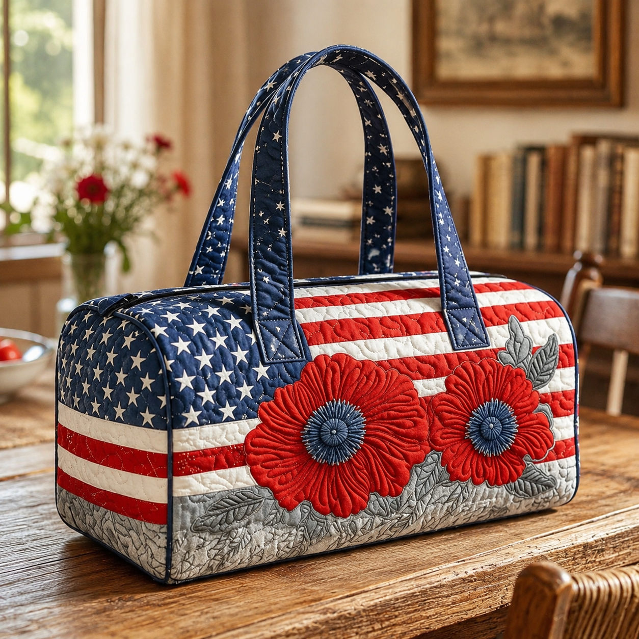 🔥 🇺🇸🧵 Handcrafted Patriotic Quilted Tote Bag – 3D Floral American Flag Travel Duffel