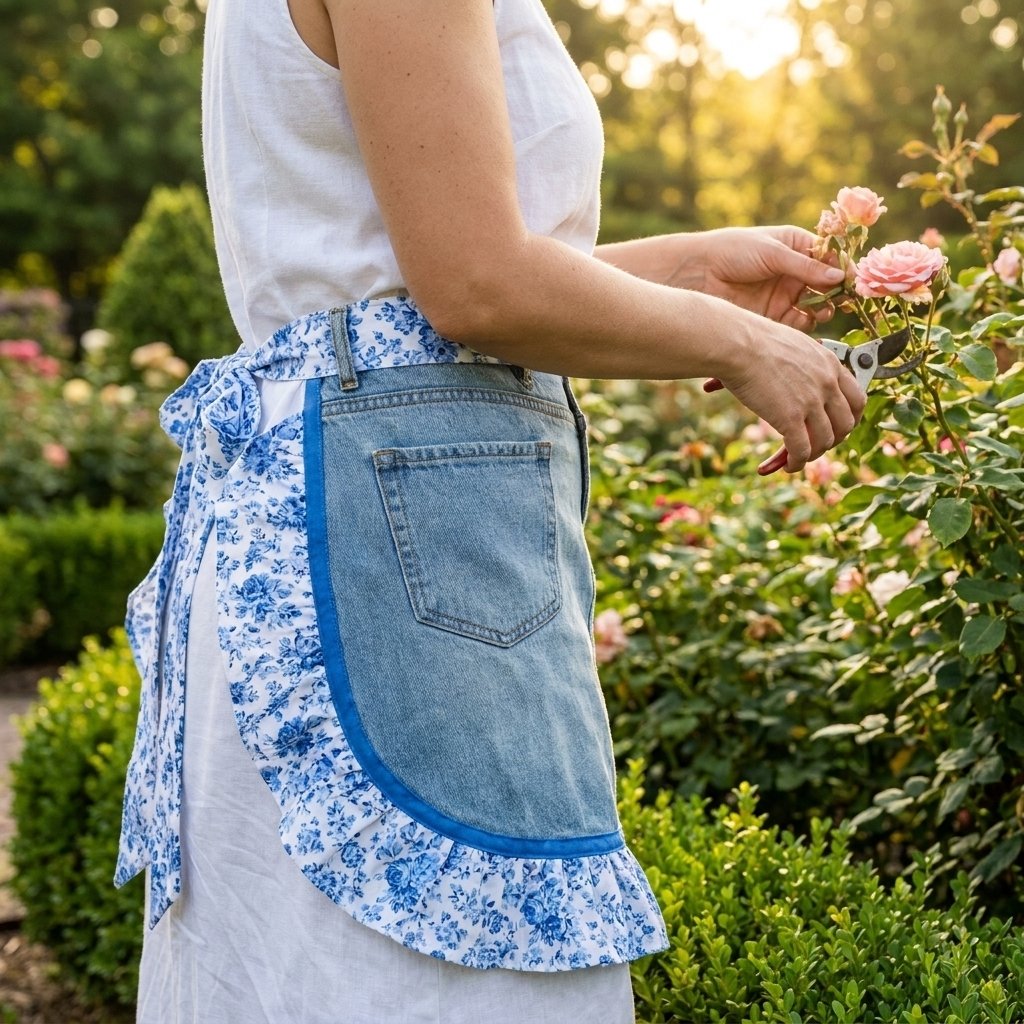 👖 Denim Echo Ruffle Apron – Upcycled Vintage Jean with Floral Lace