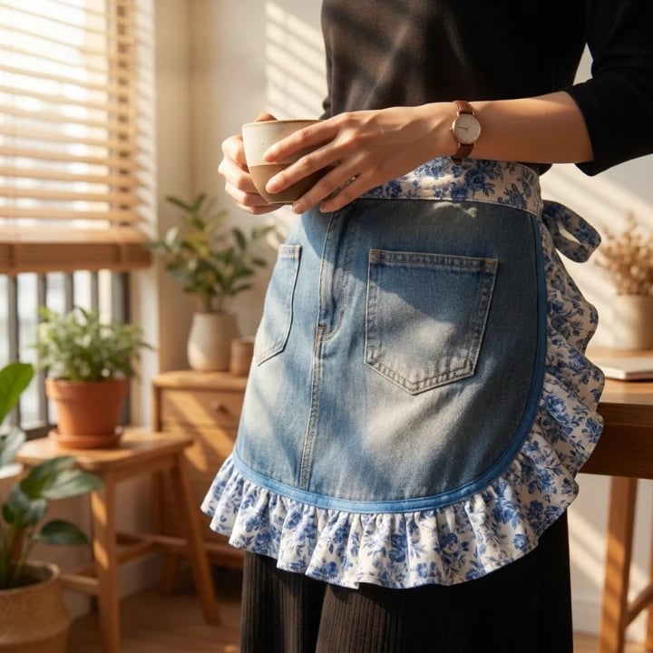 👖 Denim Echo Ruffle Apron – Upcycled Vintage Jean with Floral Lace