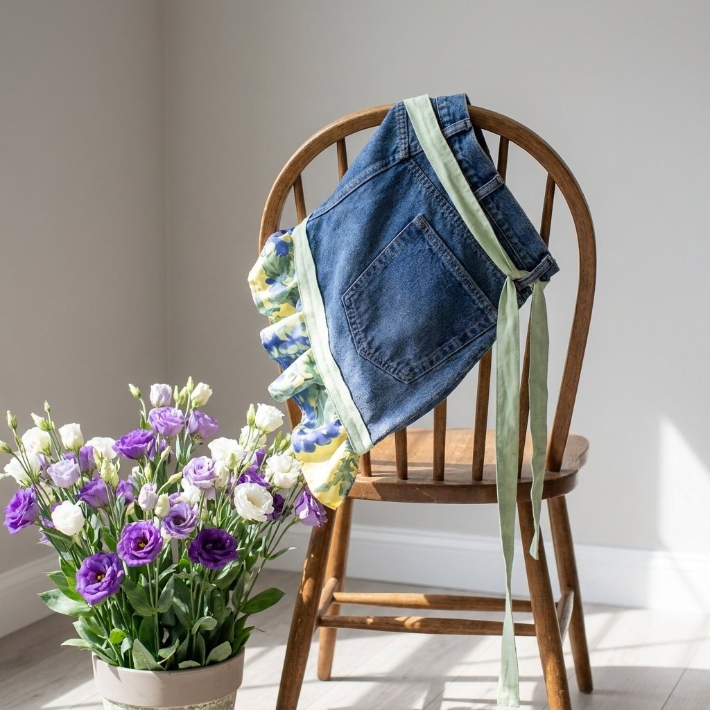 👖 Denim Echo Ruffle Apron – Upcycled Vintage Jean with Floral Lace