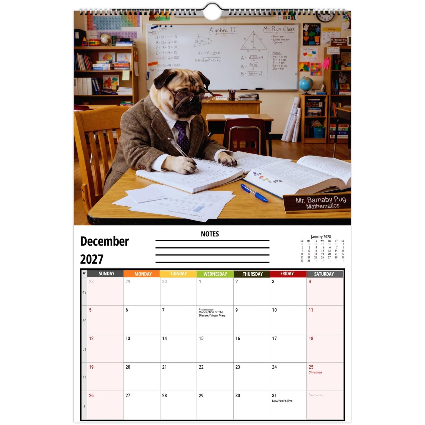 2027 Pugs Working Wall Calendar | Funny Working Pug Dog Monthly Hanging Calendar, 12 Unique Career Pug Illustrations, Home Office Decor, Pet Lover Gift