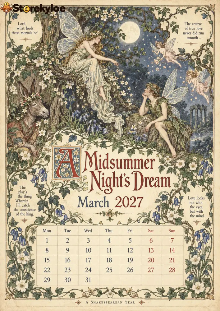 A Shakespearean Year 2027 – 12 Plays Through the Seasons | Vintage Illustrated Wall Calendar