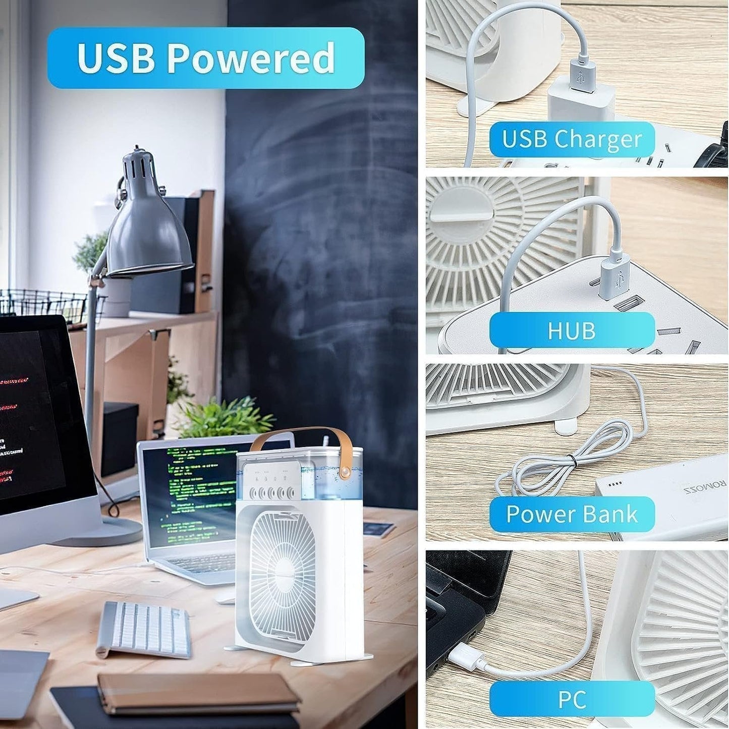Portable Misting Desk Fan – USB Rechargeable Air Cooler with 3 Speeds & Humidifier