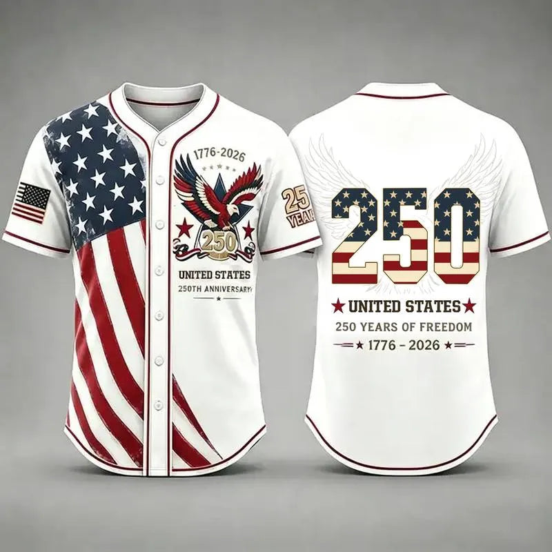 Men's 250th Anniversary Baseball Jersey Patriotic American Flag Eagle Button Down Shirt 1776-2026