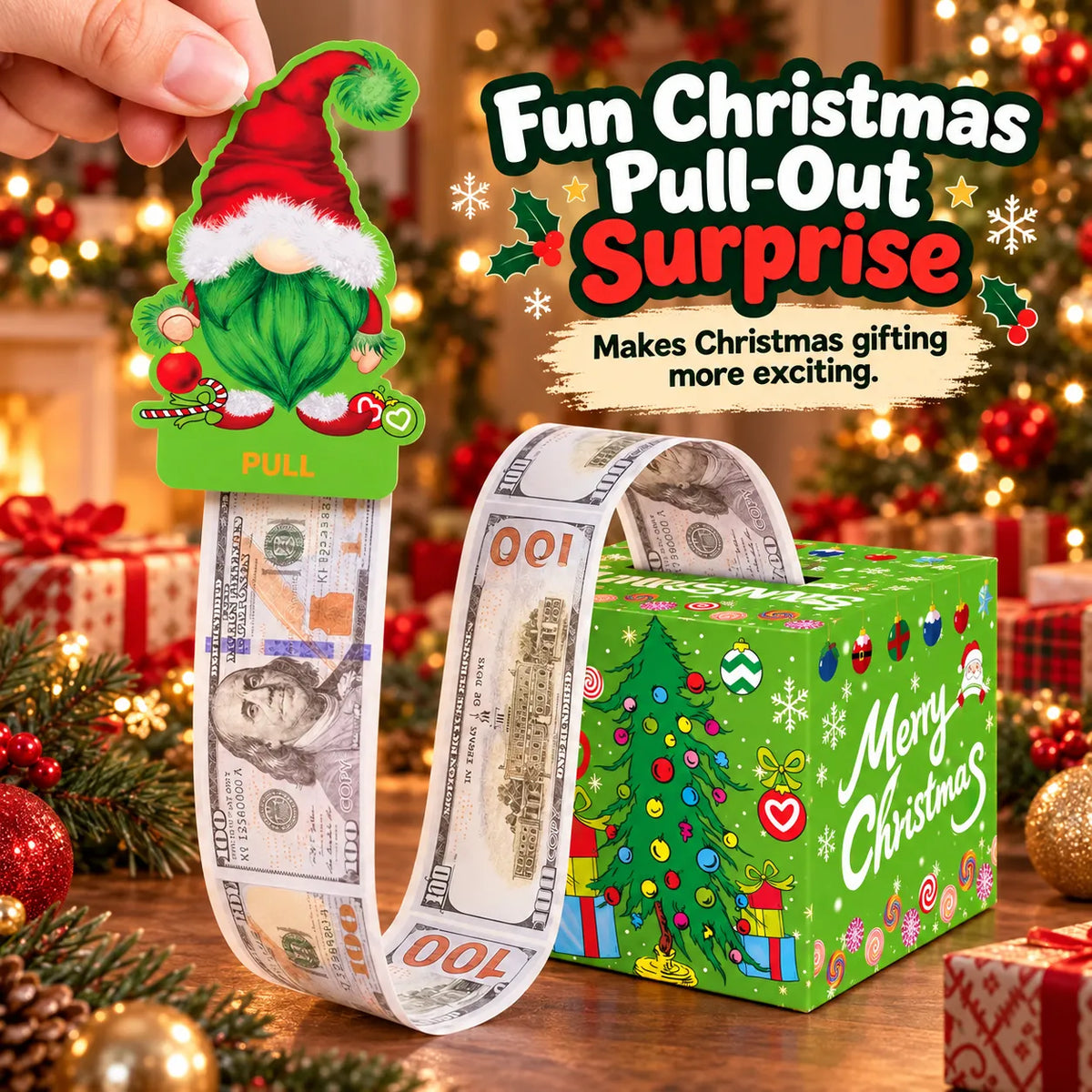 🔥LAST DAY 50% OFF - 💵🎄 Christmas Money Pull Surprise Box 50 Fillable Pockets for Cash, Treats, Notes & More 🎁