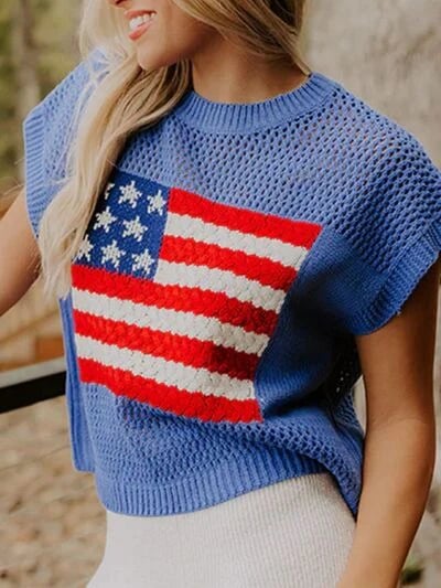 🔥Limited time sale🔥Women's Flag Graphic Hollow Out Short Sleeve Top