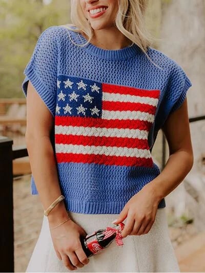 🔥Limited time sale🔥Women's Flag Graphic Hollow Out Short Sleeve Top
