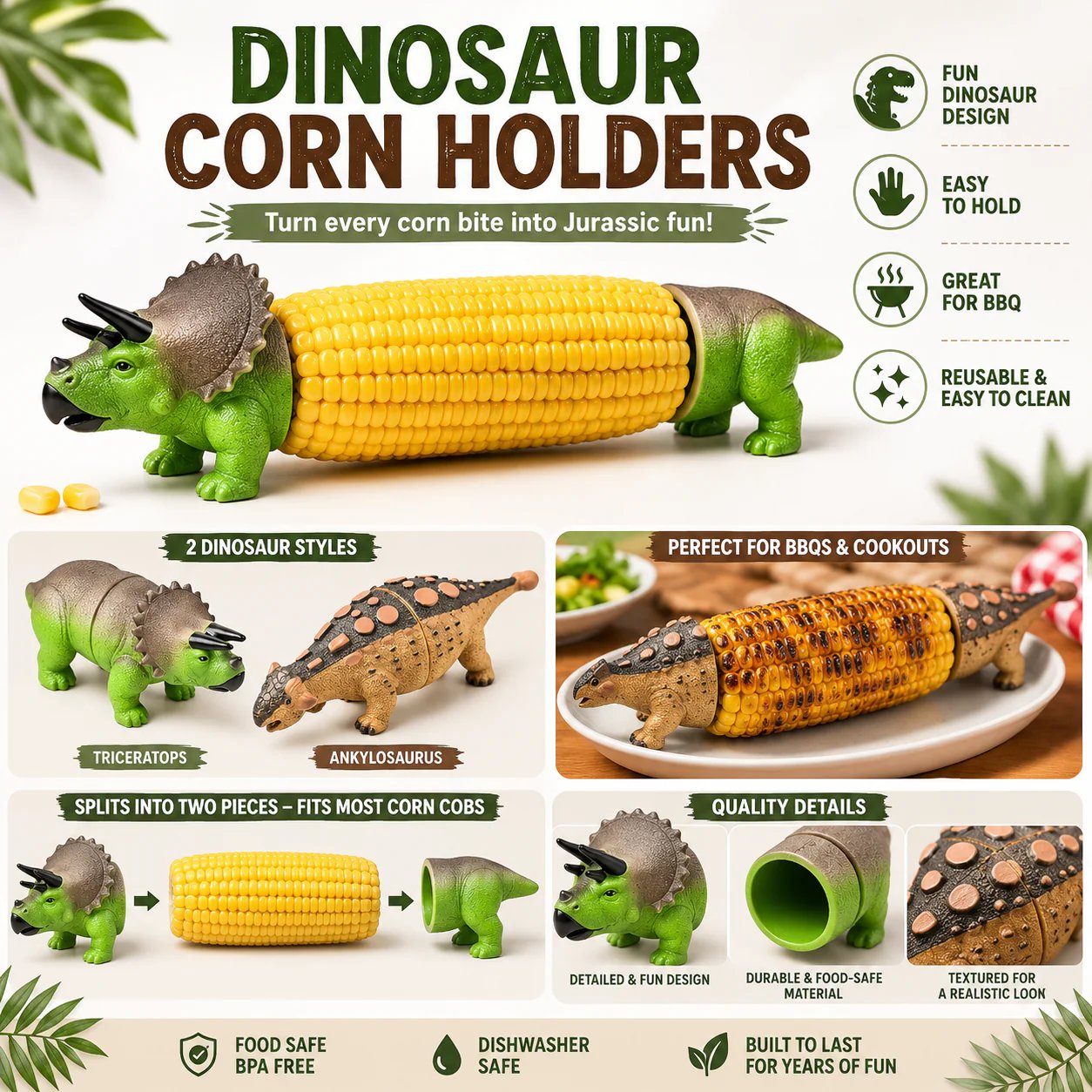🔥Last Day 49% OFF - 🦖 Cute Dinosaur Corn Holders – Fun Stainless Steel BBQ Kitchen Gadget Set
