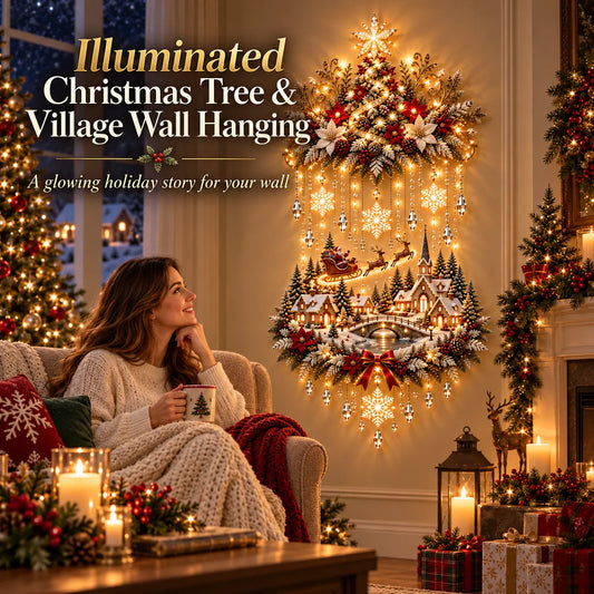🎄🎅 Illuminated Christmas Tree & Village Wall Hanging | Cascading Warm Lights for Living Rooms, Entryways & Staircases ✨