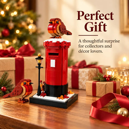Vintage British Robin & Postbox Brick Display Set – Classic Red Mailbox Model with Robin Figures & Decorative Base