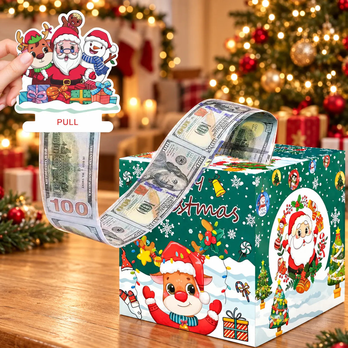 🔥LAST DAY 50% OFF - 💵🎄 Christmas Money Pull Surprise Box 50 Fillable Pockets for Cash, Treats, Notes & More 🎁
