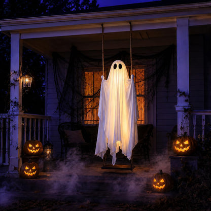 🎃5FT Halloween Decorations Outdoor - Large Hanging Ghost Swing with Remote Control String Lights & Upgraded Sheet, Scary Ghost Halloween Party Decor Outside for Tree Porch Yard Garden Lawn 👻✨