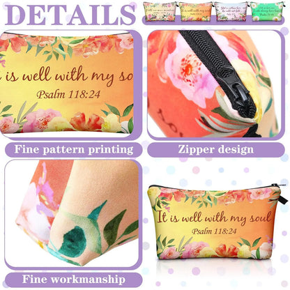 ✝️Christian Makeup Bag Gift for Women Bulk Faith Pocket Bag with Bible Verse Floral Pattern