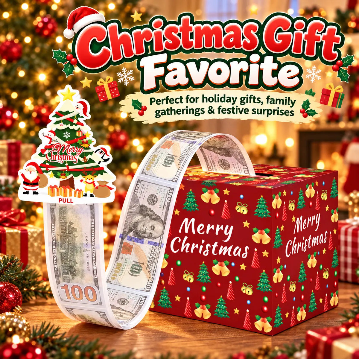 🔥LAST DAY 50% OFF - 💵🎄 Christmas Money Pull Surprise Box 50 Fillable Pockets for Cash, Treats, Notes & More 🎁