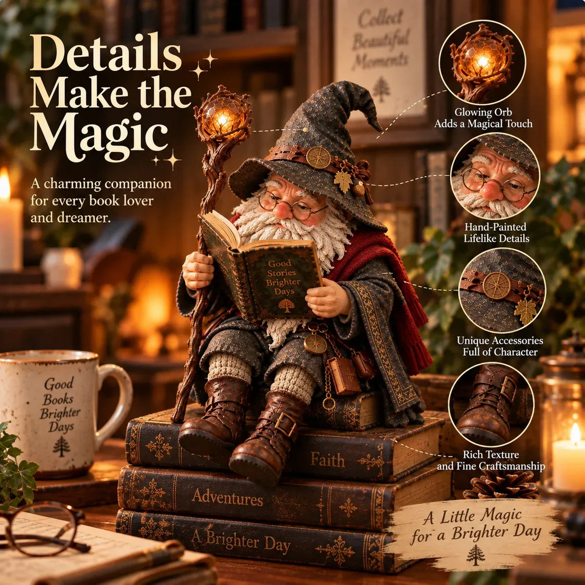 🔥LAST DAY 49% OFF-🧙‍♂️ The Wandering Scholar Gnome – Enchanted Reading Wizard Figurine