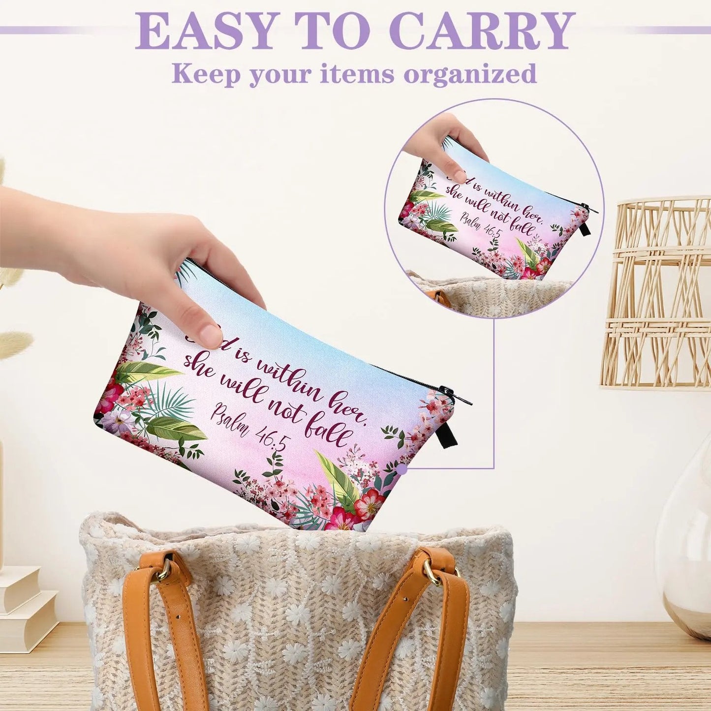 ✝️Christian Makeup Bag Gift for Women Bulk Faith Pocket Bag with Bible Verse Floral Pattern