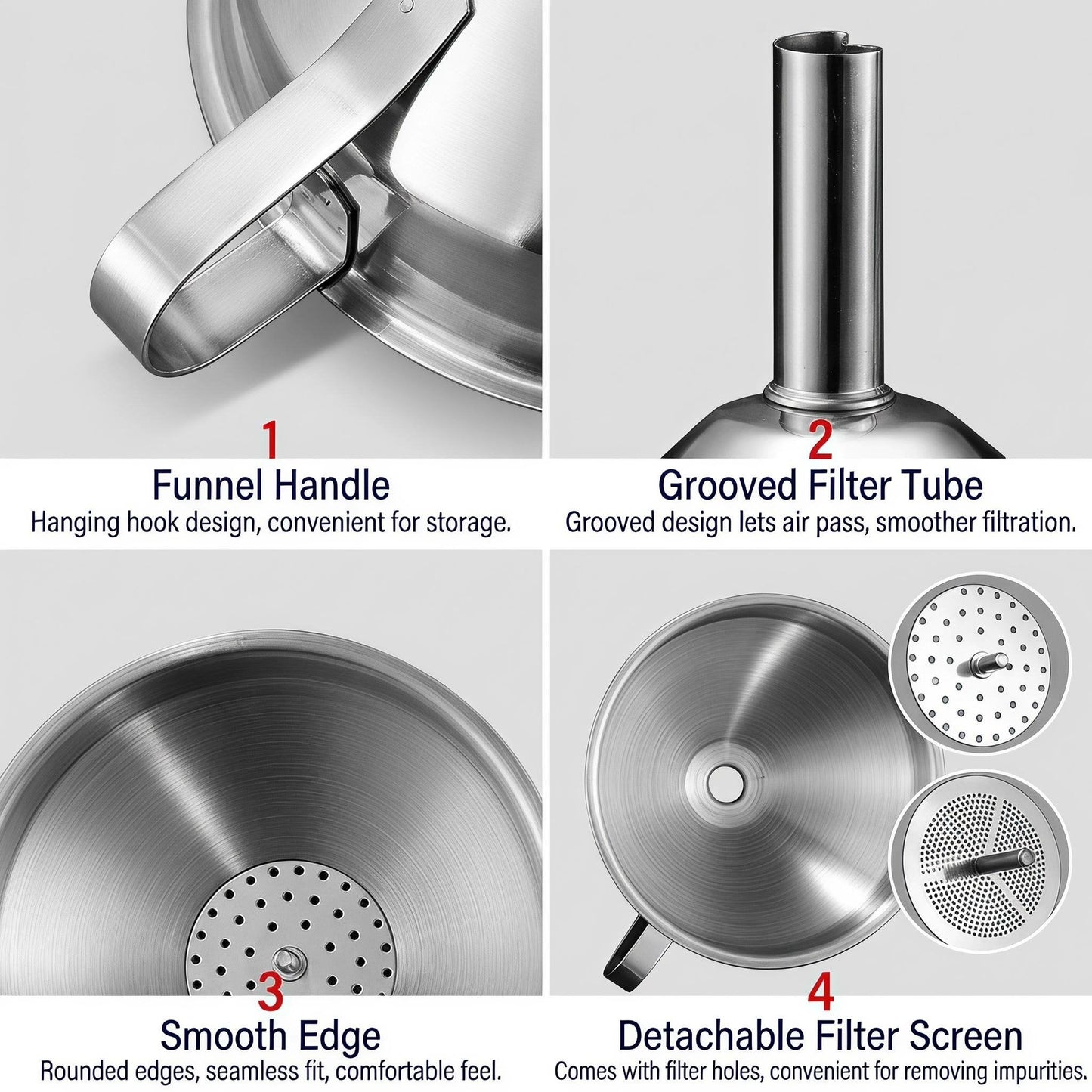 🔥Hot Sale 304 Stainless Steel Funnel with Filter Mesh – Kitchen Food Grade Metal Funnel for Oil, Alcohol, Jam & Spice Filling 🥄