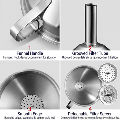 🔥Hot Sale 304 Stainless Steel Funnel with Filter Mesh – Kitchen Food Grade Metal Funnel for Oil, Alcohol, Jam & Spice Filling 🥄