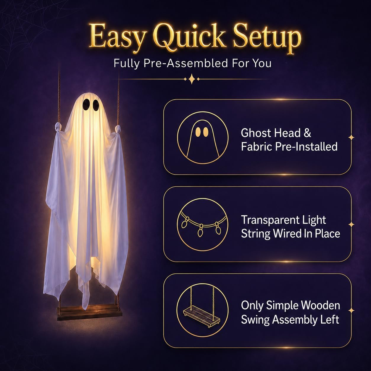 🎃5FT Halloween Decorations Outdoor - Large Hanging Ghost Swing with Remote Control String Lights & Upgraded Sheet, Scary Ghost Halloween Party Decor Outside for Tree Porch Yard Garden Lawn 👻✨