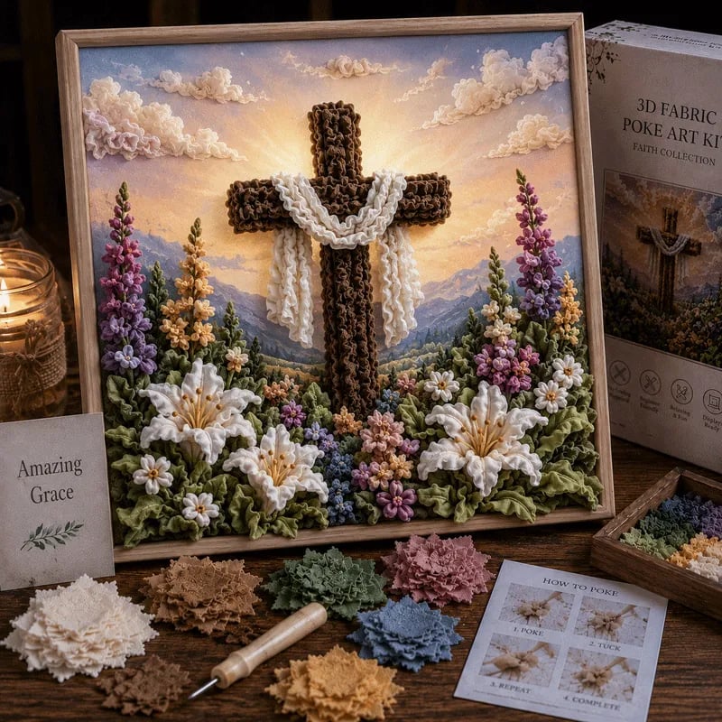 🔥 LAST DAY 49% OFF – ✝️🧵 Premium 3D Christian Fabric Poke Art Kit | No-Sew Faith Craft with Pre-Punched Board, Fabric Squares & Display Stand 🕊️✨