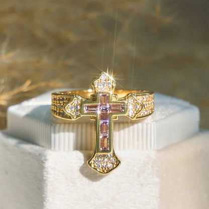 Central Cross Motif Ring with Cubic Zirconia Accents: Carry His Care in Daily Wear