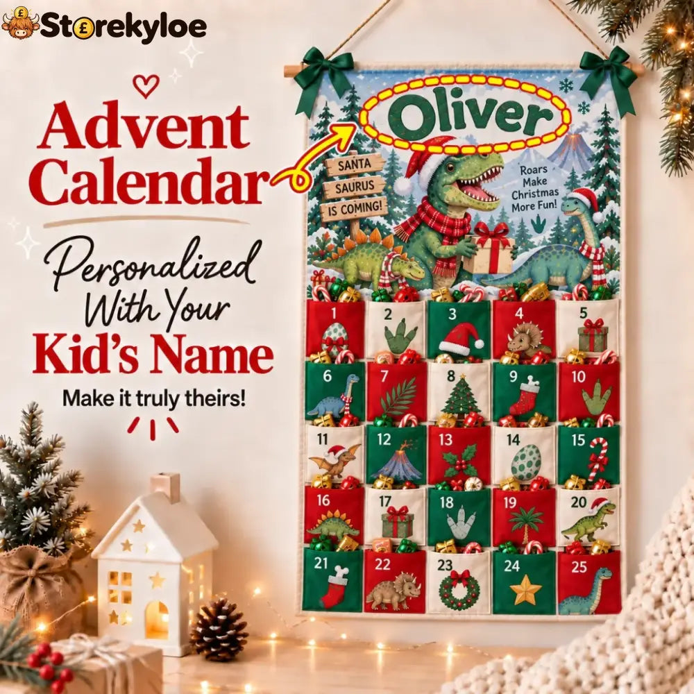 Christmas Dinosaur - Personalized Fabric Advent Calendar - Christmas Gift For Kids Family Members - Fabric Advent