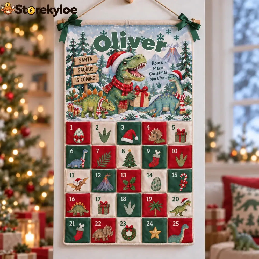 Christmas Dinosaur - Personalized Fabric Advent Calendar - Christmas Gift For Kids Family Members - Fabric Advent