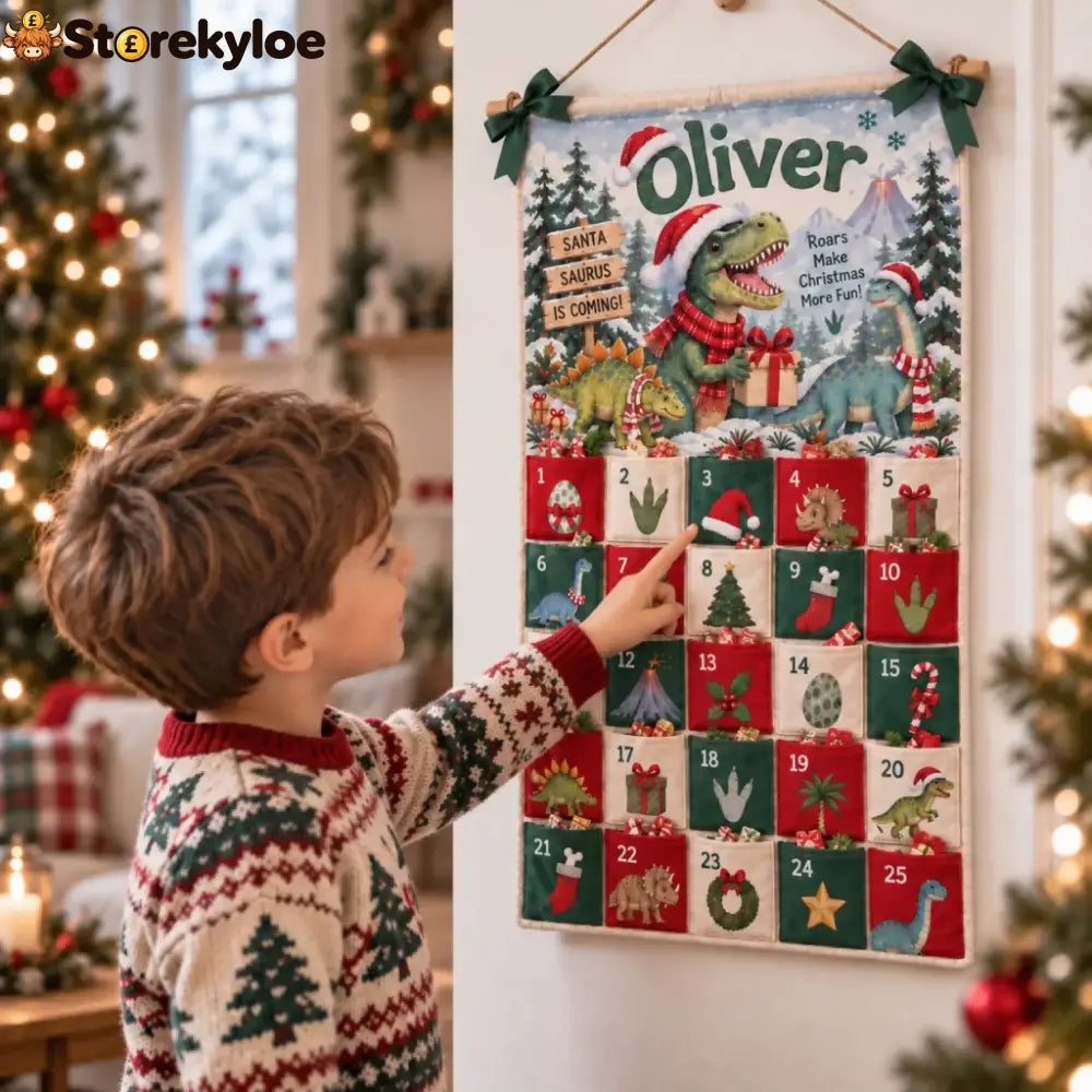 Christmas Dinosaur - Personalized Fabric Advent Calendar - Christmas Gift For Kids Family Members - Fabric Advent