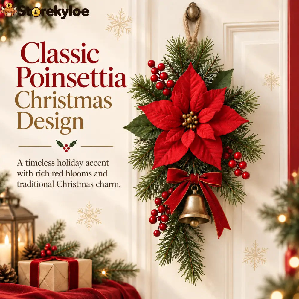 Classic Red Poinsettia Christmas Door Swag