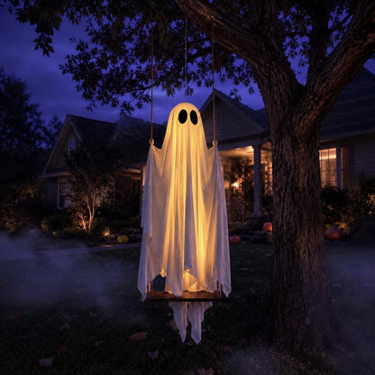 🎃5FT Halloween Decorations Outdoor - Large Hanging Ghost Swing with Remote Control String Lights & Upgraded Sheet, Scary Ghost Halloween Party Decor Outside for Tree Porch Yard Garden Lawn 👻✨