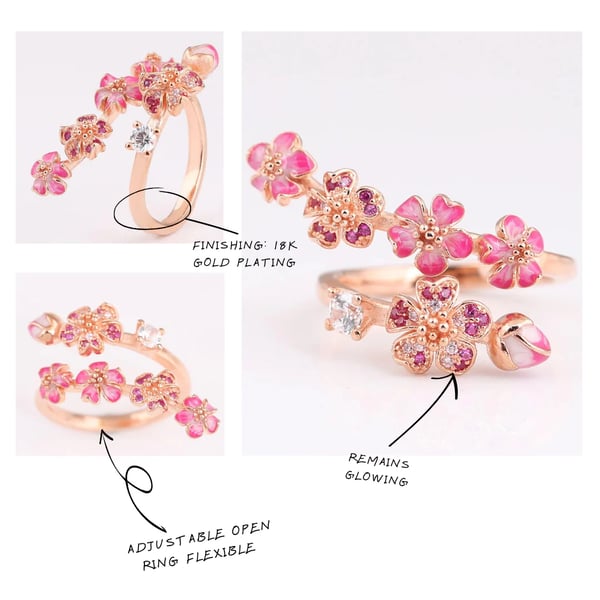 🌸Peach Blossom Flower Branch Open Ring - ✨Open Adjustable Design
