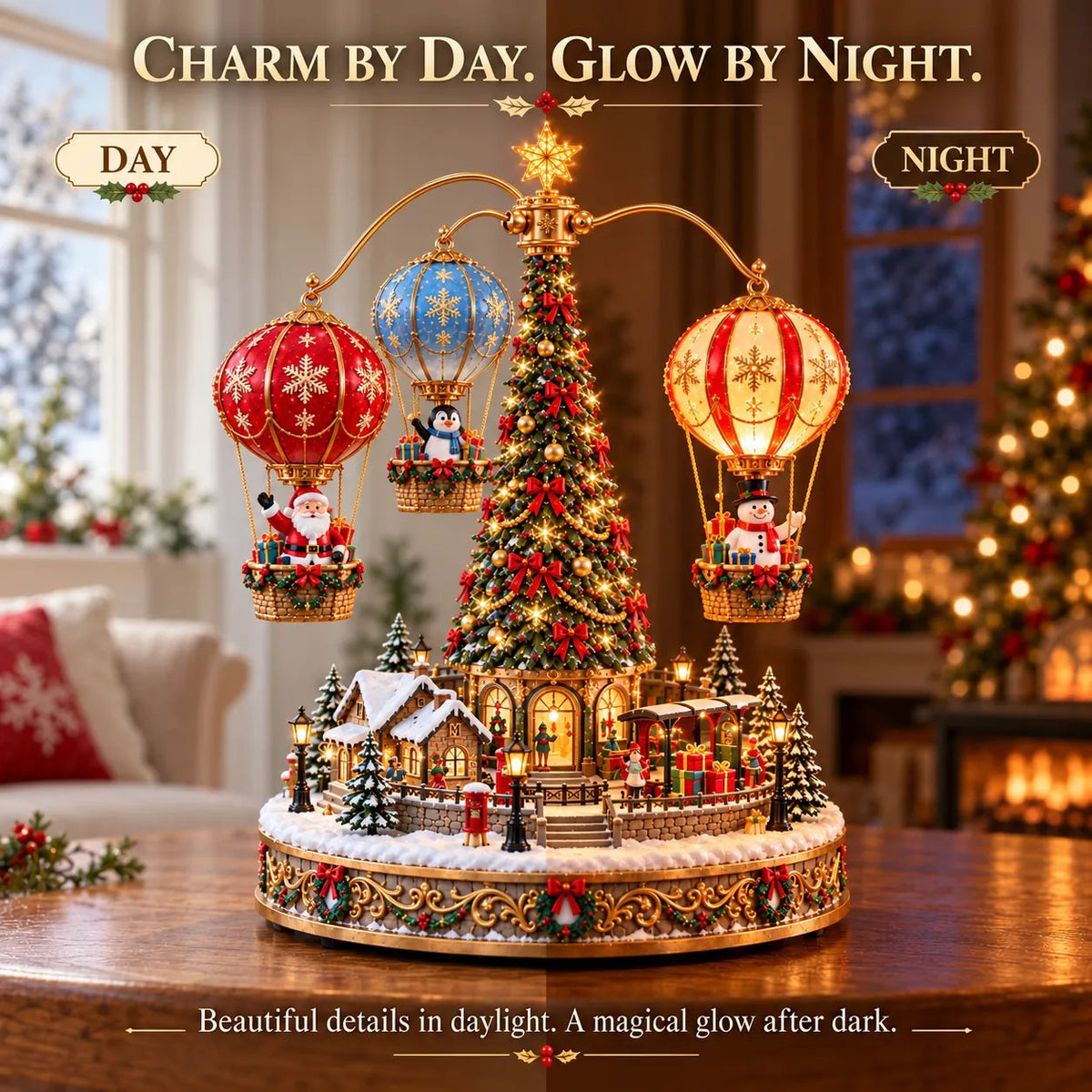 Santa’s Sky Journey — Animated Christmas Hot Air Balloon Village with Lights