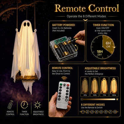 🎃5FT Halloween Decorations Outdoor - Large Hanging Ghost Swing with Remote Control String Lights & Upgraded Sheet, Scary Ghost Halloween Party Decor Outside for Tree Porch Yard Garden Lawn 👻✨